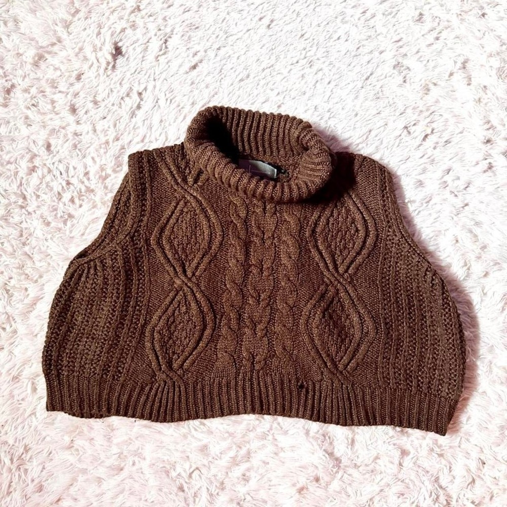 Anthropology Brown Cable Knit Turtleneck Cropped Sweater Vest Womens OS Layering